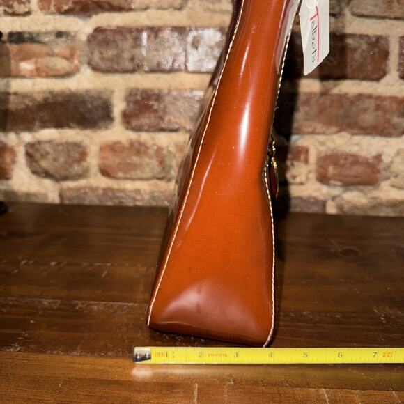 Talbots NWT Vintage Brown Patent Leather like Handbag Gold Accents Zipper Close - Picture 6 of 9